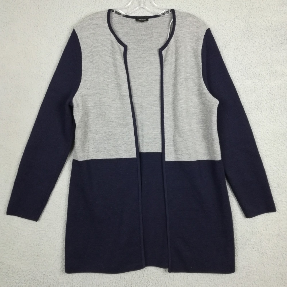 Talbots Womens Cardigan Sweater Merino Wool Blend Navy Gray Colorblock Open‎ L